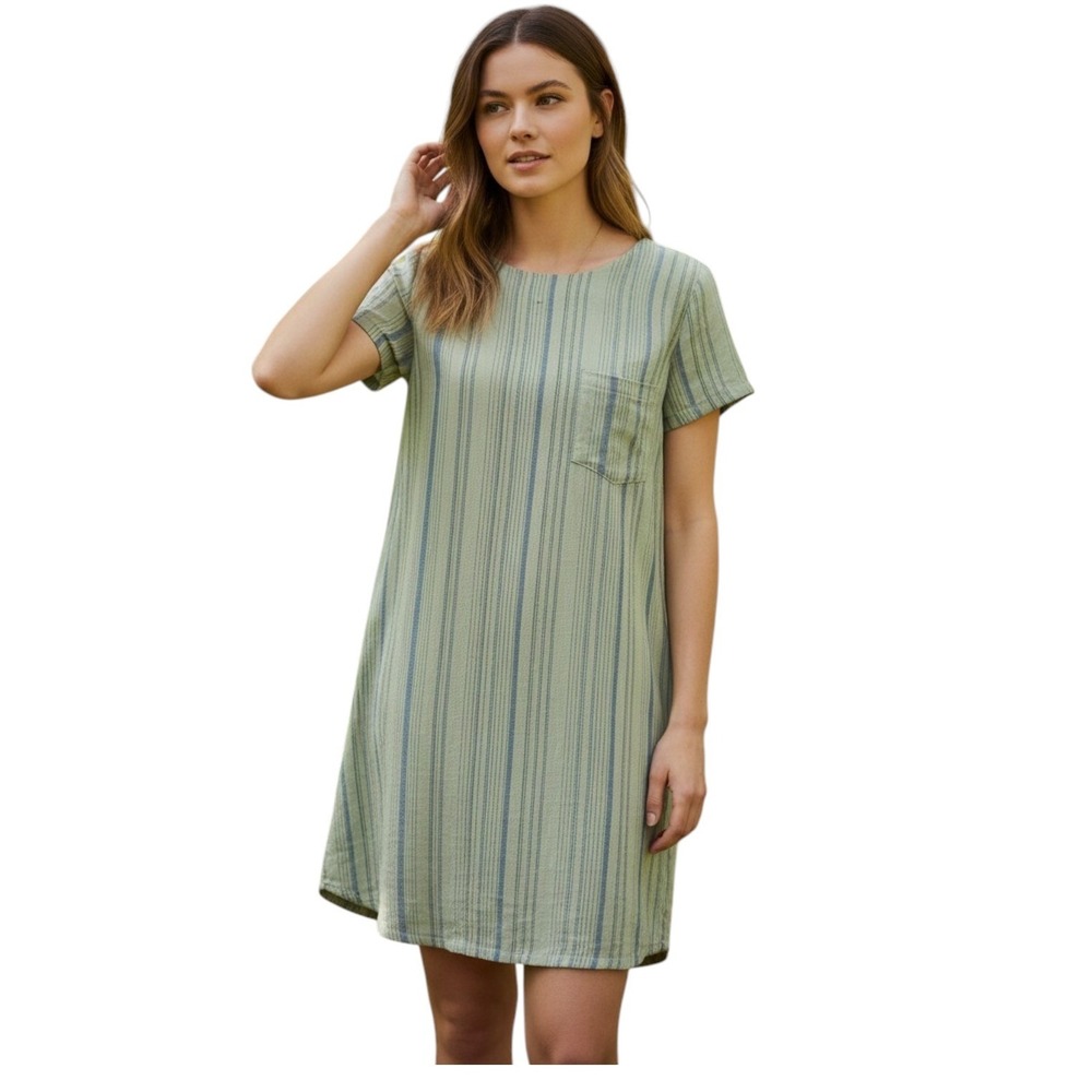 Cloth & Stone Sage Green Striped Linen Blend Shift Dress Coastal Lagenlook Small